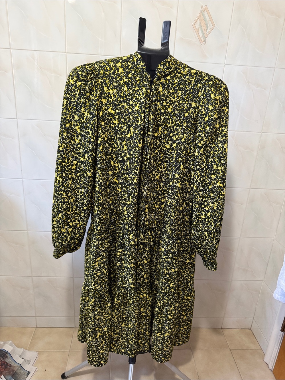 ASOS Long Sleeve Floral Tiered Dress in Yellow and Black